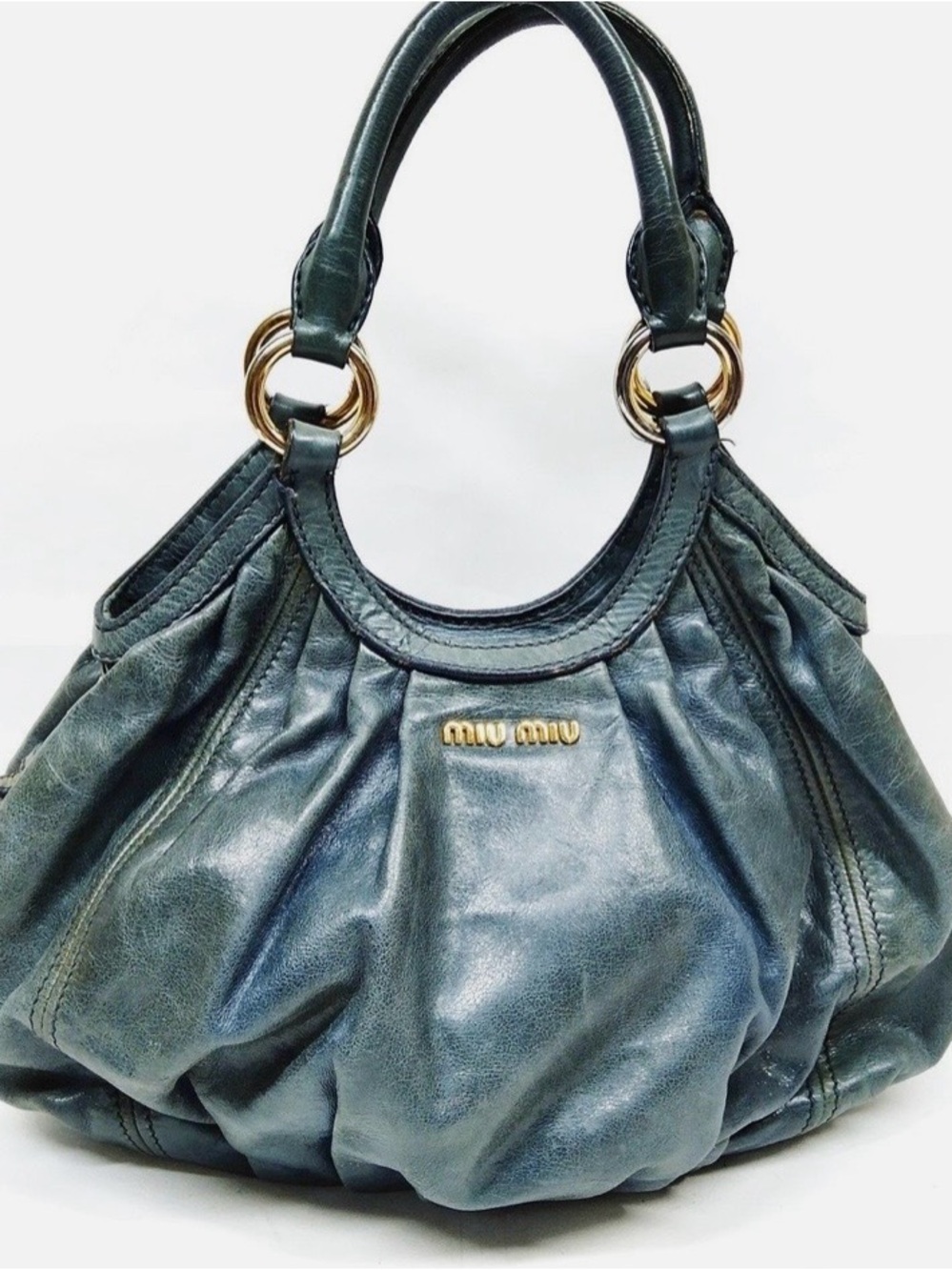 Miu Miu Teal-Green Leather Shoulder Bag with Gold Rings